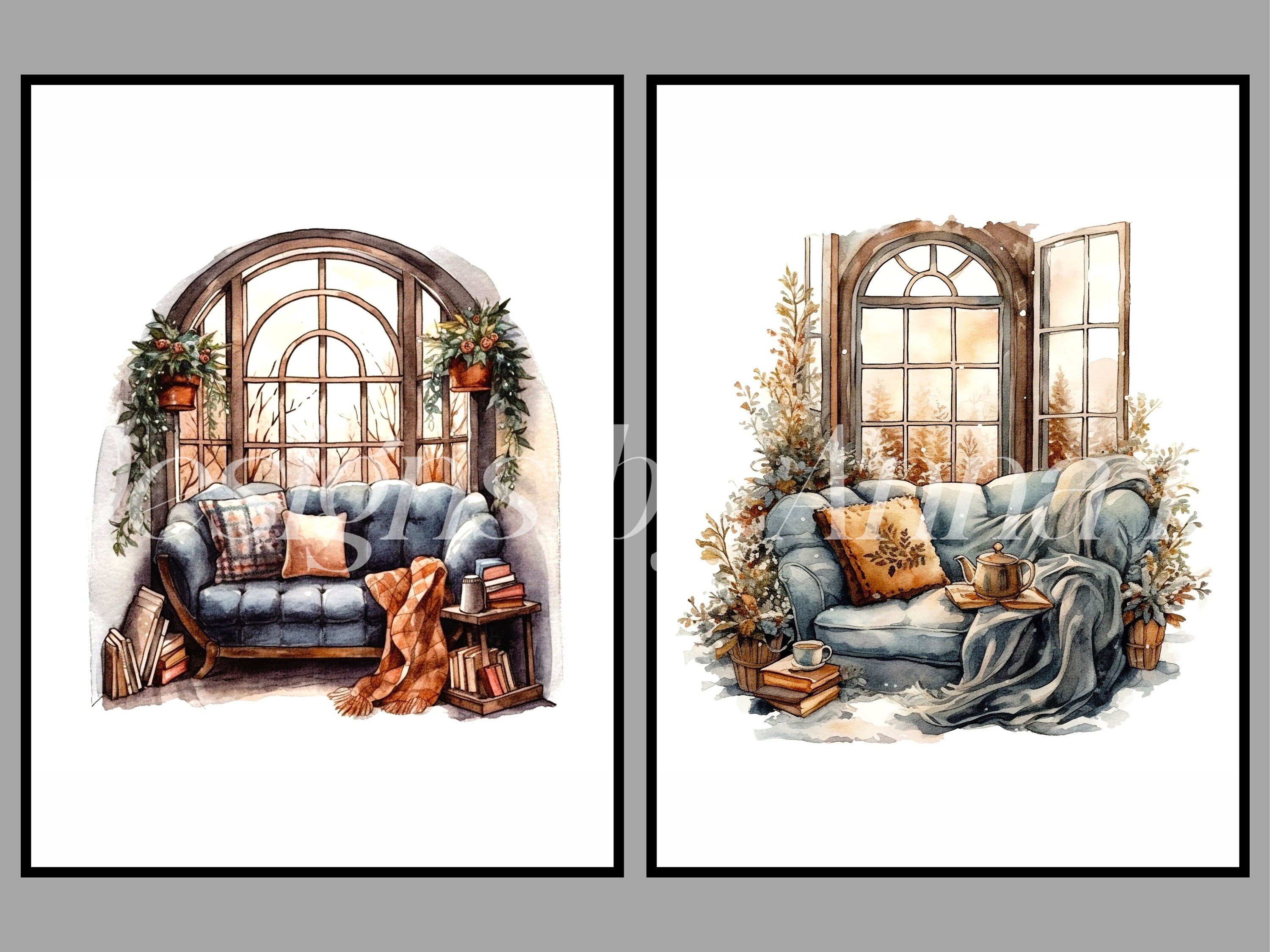Watercolor Winter Clipart: Cozy Home Interiors (JPEG, PNG) - Etsy