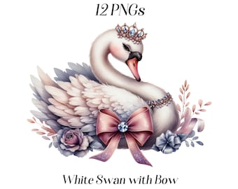 Watercolor Swan Clipart: Elegant Swan with Bow, 12 PNG Files