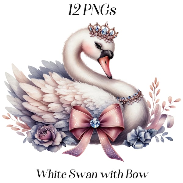 Watercolor White Swan with Bow clipart, 12 PNG files, elegant swan, white bird, swan illustration, swan with crown, printable images