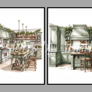 Puede incluir: Dos ilustraciones de cocinas con armarios verdes, encimeras de madera y electrodom&eacute;sticos de acero inoxidable. La primera cocina tiene una isla grande con una encimera de madera y dos sillas. La segunda cocina tiene una isla m&aacute;s peque&ntilde;a con una encimera de madera y una silla.