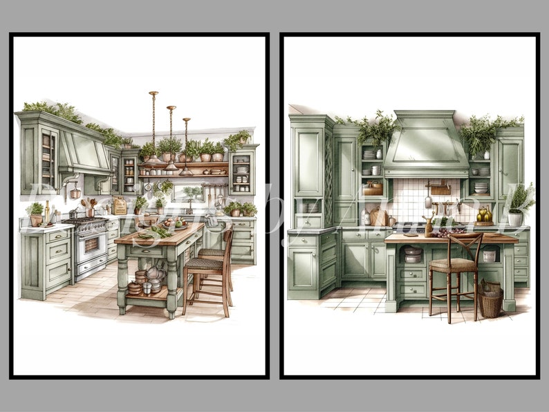 Puede incluir: Dos ilustraciones de cocinas con armarios verdes, encimeras de madera y electrodom&eacute;sticos de acero inoxidable. La primera cocina tiene una isla grande con una encimera de madera y dos sillas. La segunda cocina tiene una isla m&aacute;s peque&ntilde;a con una encimera de madera y una silla.