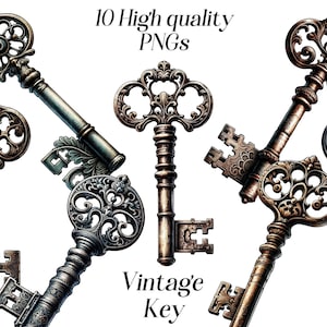 Imágenes prediseñadas de acuarela Vintage Keys, 10 archivos PNG de alta calidad, efímera vintage, ilustración de clave antigua, gráficos imprimibles