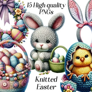 編み物のイースター クリップアート、水彩画、かぎ針編みの春のクリップアート、png、糸、ウール、デジタル グラフィック、かわいい、編み物の動物、印刷可能な画像