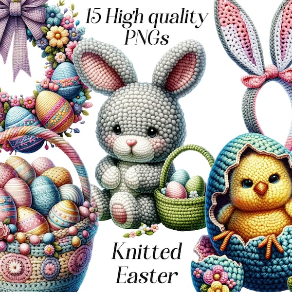 Watercolor Knitted Easter clipart, 15 high quality PNG files, easter bunny, knit, cute easter graphics, illustration,