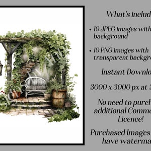 May include: A watercolor painting of a white bench under a wooden pergola covered in green vines. There are two hanging lanterns and a potted plant on the left side of the bench. The bench is on a stone patio with a brick wall behind it. The image is 3000 x 3000 pixels at 300 DPI.
