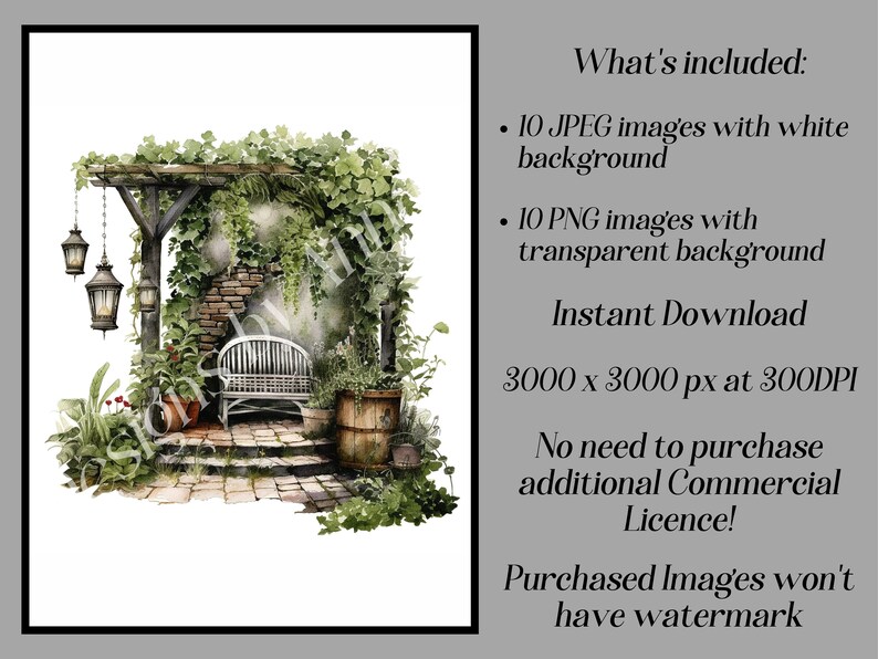 May include: A watercolor painting of a white bench under a wooden pergola covered in green vines. There are two hanging lanterns and a potted plant on the left side of the bench. The bench is on a stone patio with a brick wall behind it. The image is 3000 x 3000 pixels at 300 DPI.
