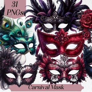 Karneval Maske Clipart, Maskerade, Party Maske, Festival Maske, venezianische Maske, Motto-Party, Federn, Spitze, Blumen, printable Illustration