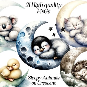 Watercolor Sleepy Animals on Crescent Moon Clipart (PNG Files)