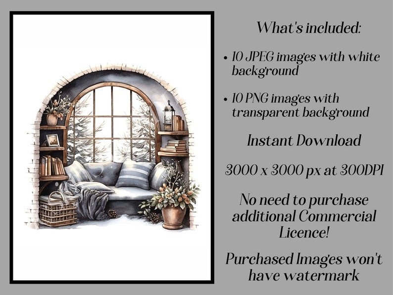 Watercolor Winter Clipart: Cozy Home Interiors (JPEG, PNG) - Etsy
