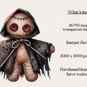 May include: A creepy rag doll with a black hooded cloak and red button eyes. The doll is stitched together with brown thread and has a distressed look.