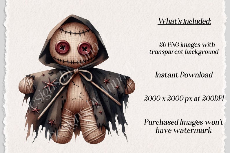 May include: A creepy rag doll with a black hooded cloak and red button eyes. The doll is stitched together with brown thread and has a distressed look.