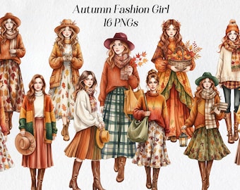 Clipart herfstmeisje: png-illustraties herfstmode (digitale download)