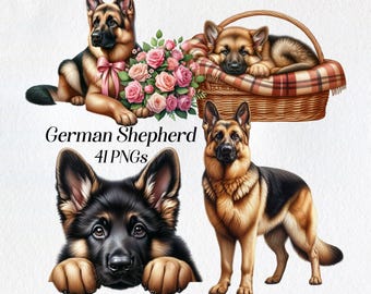 水彩画のジャーマンシェパードのクリップアート：犬のイラスト