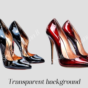 May include: Two pairs of high-heeled shoes, one black and one red, with a pointed toe and a stiletto heel. The shoes are on a white background.