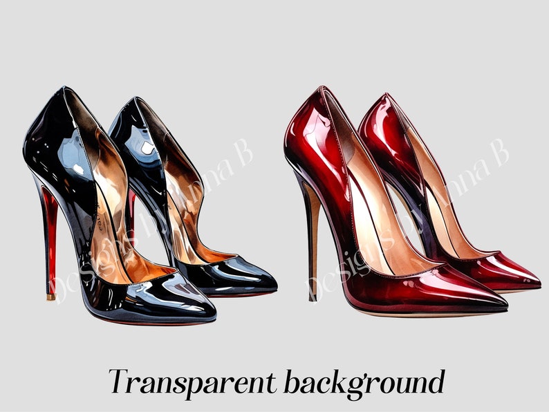May include: Two pairs of high-heeled shoes, one black and one red, with a pointed toe and a stiletto heel. The shoes are on a white background.