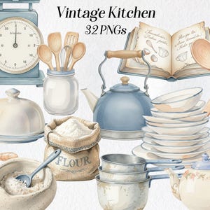 May include: Watercolor illustration of vintage kitchen items, including a scale, kettle, dishes, and utensils. A bag of flour, a rolling pin, and a cookbook are also featured. The text "Vintage Kitchen 32 PNGs" is at the top.