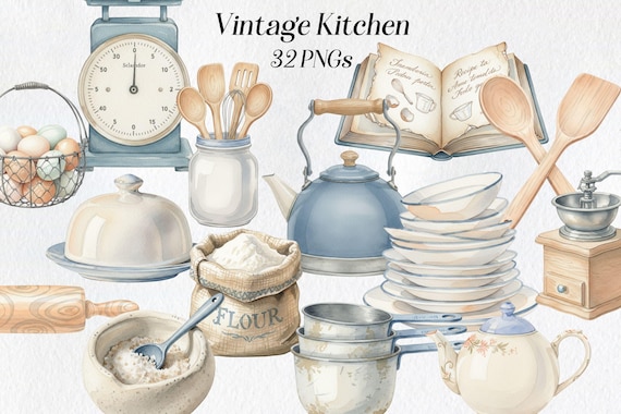 Vintage Kitchen Clipart, Cottage Baking Cookware Rustic PNGs