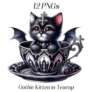 Acuarela gótica gatito clipart, 12 archivos PNG, imágenes prediseñadas de gato, arte gótico, gato negro, gato brujo, fantasía oscura, imágenes prediseñadas de animales, mascota, imprimible