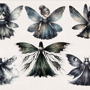 May include: Watercolor illustrations of six dark fairies with detailed wings and dresses. The fairies are in various poses, with a somber and ethereal aesthetic. The color palette includes shades of gray, black, and blue.