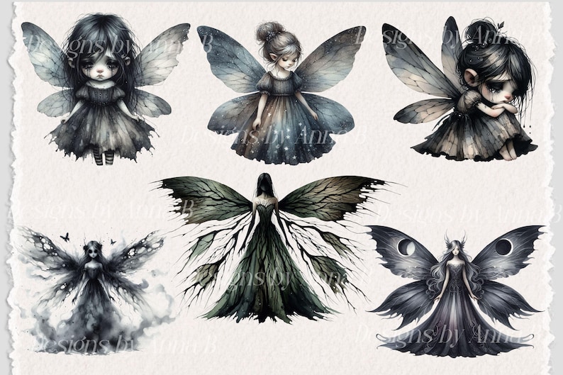 May include: Watercolor illustrations of six dark fairies with detailed wings and dresses. The fairies are in various poses, with a somber and ethereal aesthetic. The color palette includes shades of gray, black, and blue.