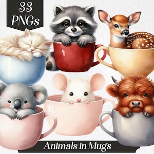 Clipart di animali in tazze, clipart di animali carini ad acquerello, png, decorazioni per la cameretta dei bambini, animali pasquali, pastello, tazze, animali da tazza da tè, grafica digitale