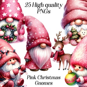 Clipart di gnomi natalizi rosa ad acquerello, png, clipart festivo, gnomo carino, inverno, vacanze, grafica natalizia, illustrazione, download digitale
