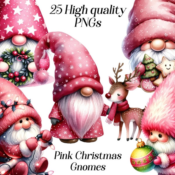 Watercolor Pink Christmas Gnomes clipart, 25 high quality PNG files, christmas clipart, gnome illustration, cute gnomes, fantasy xmas