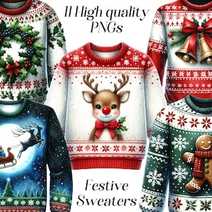 Clipart aquarelle de pulls de Noël, clipart de pull moche, png, vêtements de Noël, illustration de pull en tricot, graphiques imprimables