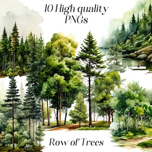 Aquarel rij bomen clipart, 10 hoge kwaliteit png-bestanden, bos clipart, zomer graphics, groen illustraties, printables