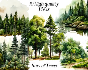 Watercolor row of trees clipart, 10 high quality PNG files, forest clipart, summer graphics, greenery clip art, printables