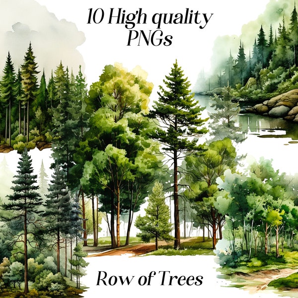 Watercolor row of trees clipart, 10 high quality PNG files, forest clipart, summer graphics, greenery clip art, printables