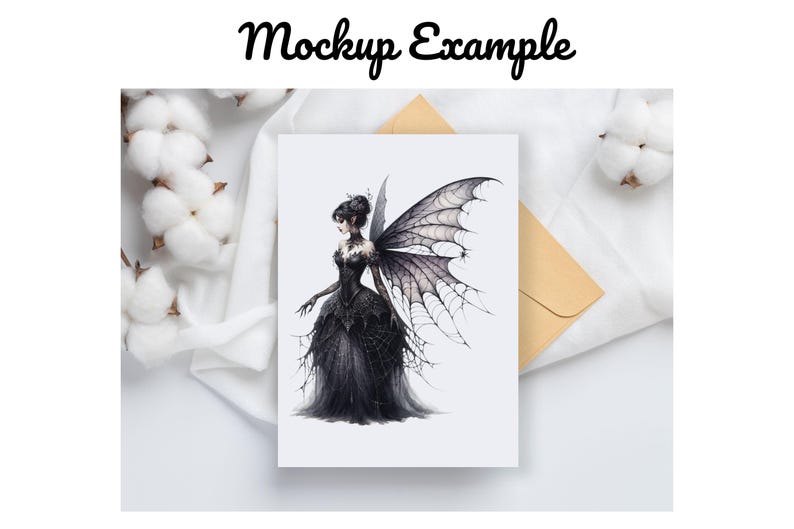 May include: A greeting card featuring a watercolor illustration of a gothic fairy in a black gown with large, detailed wings. The card is on a white surface with cotton and an envelope.