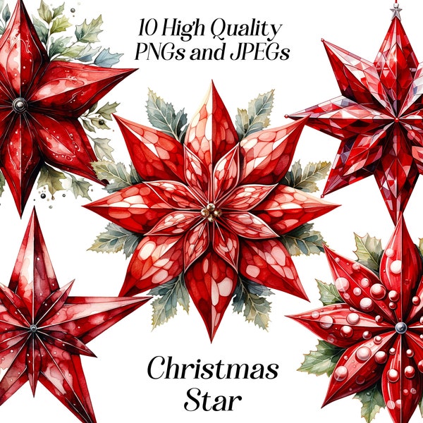 Watercolor Christmas tree Star, 10 High Quality JPEG and PNG files, Xmas tree star, winter holidays, festive clip art, card making