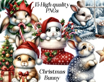 May include: A set of 15 digital images featuring cute cartoon bunnies dressed in festive Christmas attire. The bunnies are wearing Santa hats, elf hats, and scarves. Some are holding candy canes and others are sitting in a stocking. The images are perfect for creating holiday crafts, cards, and decorations.