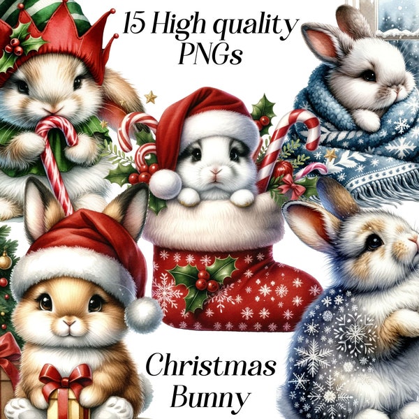 Watercolor Christmas Bunny clipart, 15 high quality PNG files, cute animals, xmas rabbit, festive clipart, winter holidays, printables