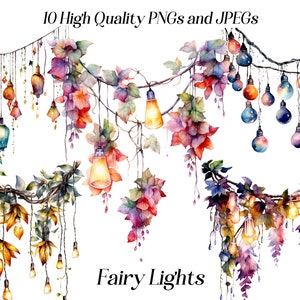 Aquarel kerstverlichting clipart, 10 hoge kwaliteit jpeg- en png-bestanden, hanglampen, boho-illustraties, gloeiende feestverlichting, afdrukbare afbeeldingen
