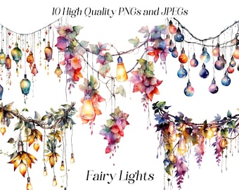Watercolor fairy lights clipart, 10 high quality JPEG and PNG files, hanging lights, boho clip art, party glowing lights, printable graphics