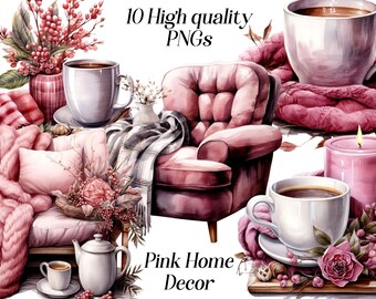 Clipart décoration rose aquarelle, 10 fichiers PNG de haute qualité, intérieur de maison, style hygge, maison confortable, couvertures et thé, graphiques imprimables