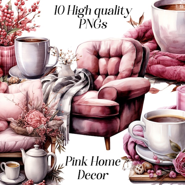 Watercolor Pink Home Decor clipart, 10 high quality PNG files, home interior, hygge style, cozy home, blankets and tea, printable graphics