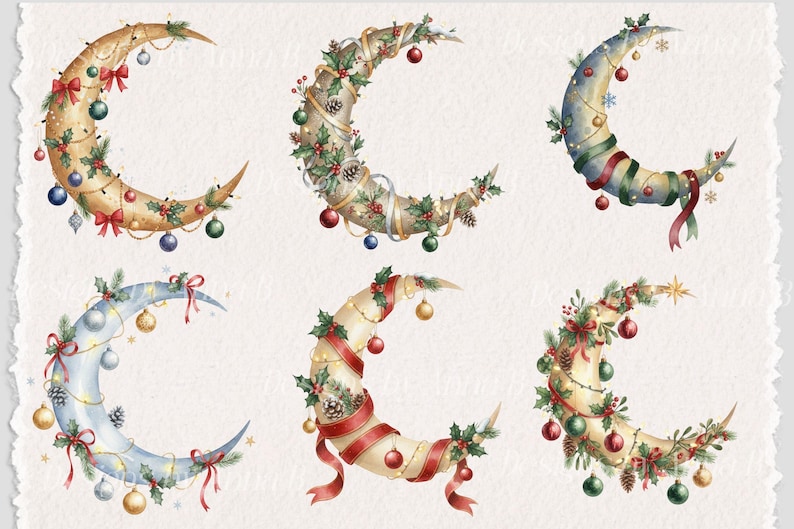 Christmas Crescent Moon Clipart: Holiday Wreath PNG Set (digital ...
