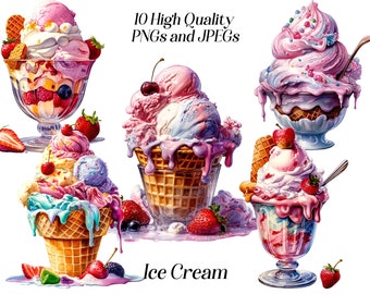 Watercolor ice cream clipart, 10 high quality JPEG and PNG files, summer food, sweet dessert, pastel icecream, printables