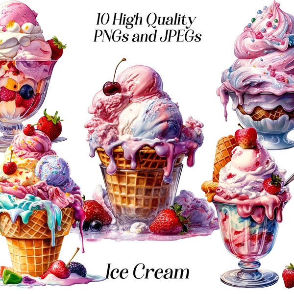 Watercolor ice cream clipart, 10 high quality JPEG and PNG files, summer food, sweet dessert, pastel icecream, printables