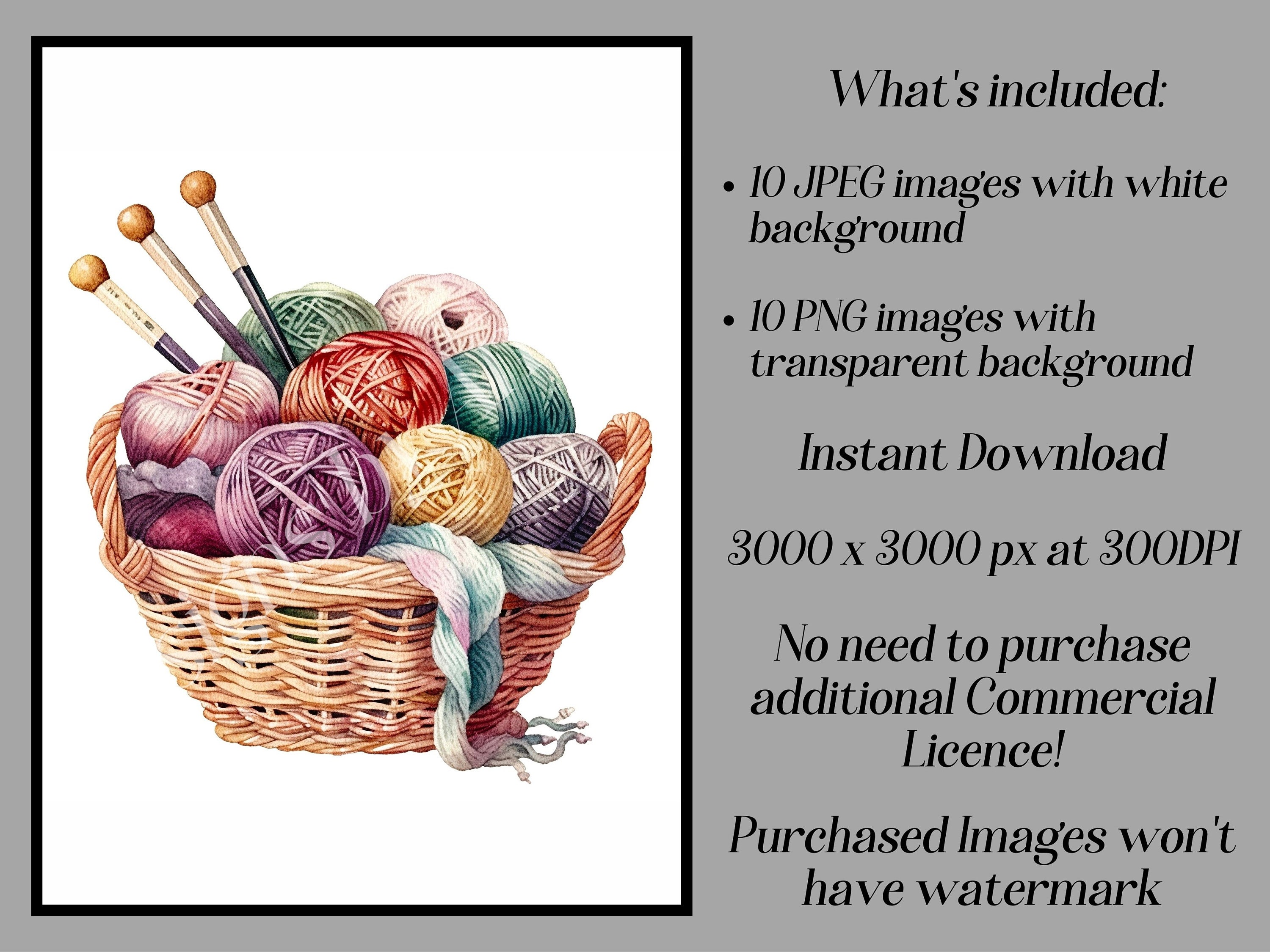 Watercolor Knitting Basket Clipart: Yarn & Wool Graphics (JPEG, PNG) - Etsy