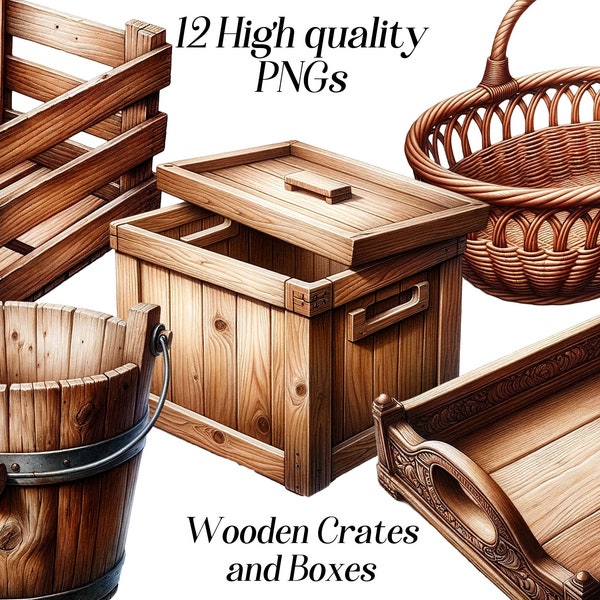 Watercolor Wooden Box and Crates clipart, 12 high quality PNG files, rustic clip art, wooden bucket, tray, container images, printables