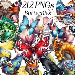 水彩蝶のクリップアートバンドル、212 PNGファイル、イラスト、蝶の壁アート、昇華デザイン、印刷可能な画像、花