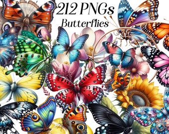 Paquete de imágenes prediseñadas de mariposas en acuarela: 212 archivos PNG (descarga digital)