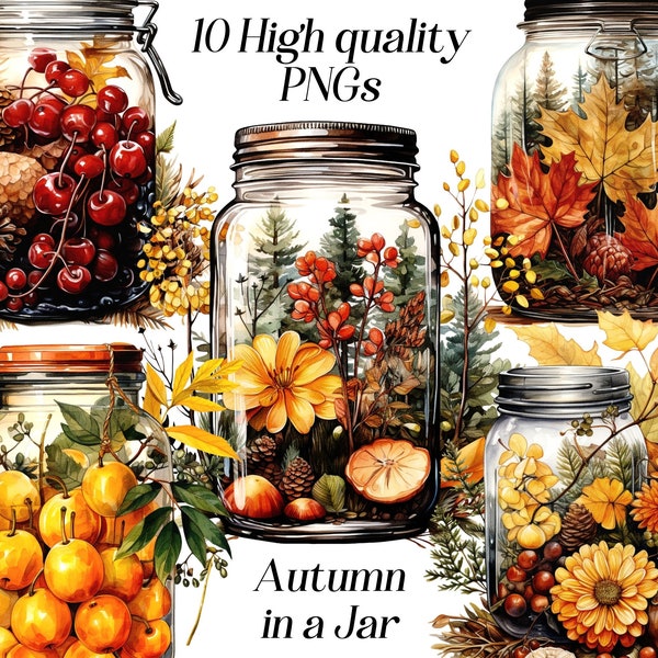 Watercolor Autumn in a jar clipart, 10 high quality PNG files, Fall graphics, seasonal clip art, printable images, plants and foliage