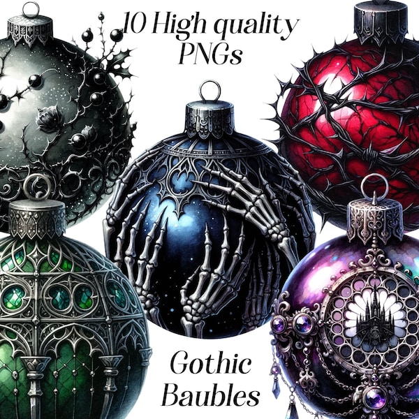 Aquarell Goth Christbaumkugeln Clipart, 10 hochwertige PNG Dateien, Goth Weihnachten, Ornament Illustration, druckbare Bilder, schwarz Weihnachten