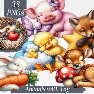 Imágenes prediseñadas de animales dormidos, animales con juguetes, peluches, animales peludos, crías de animales, imágenes prediseñadas para guardería, animales de acuarela, naturaleza, vida silvestre