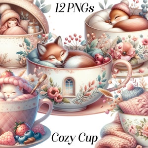 Watercolor Cozy Cup clipart, 12 PNG files, knit, knitted, yarn, teacup, cute animals sleeping, teacup and blanket, digital images, printable